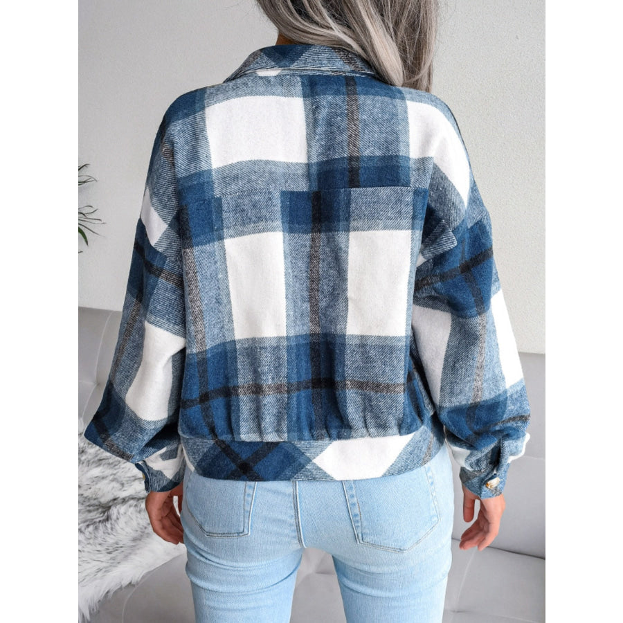 Plaid Collared Neck Long Sleeve Jacket Apparel and Accessories