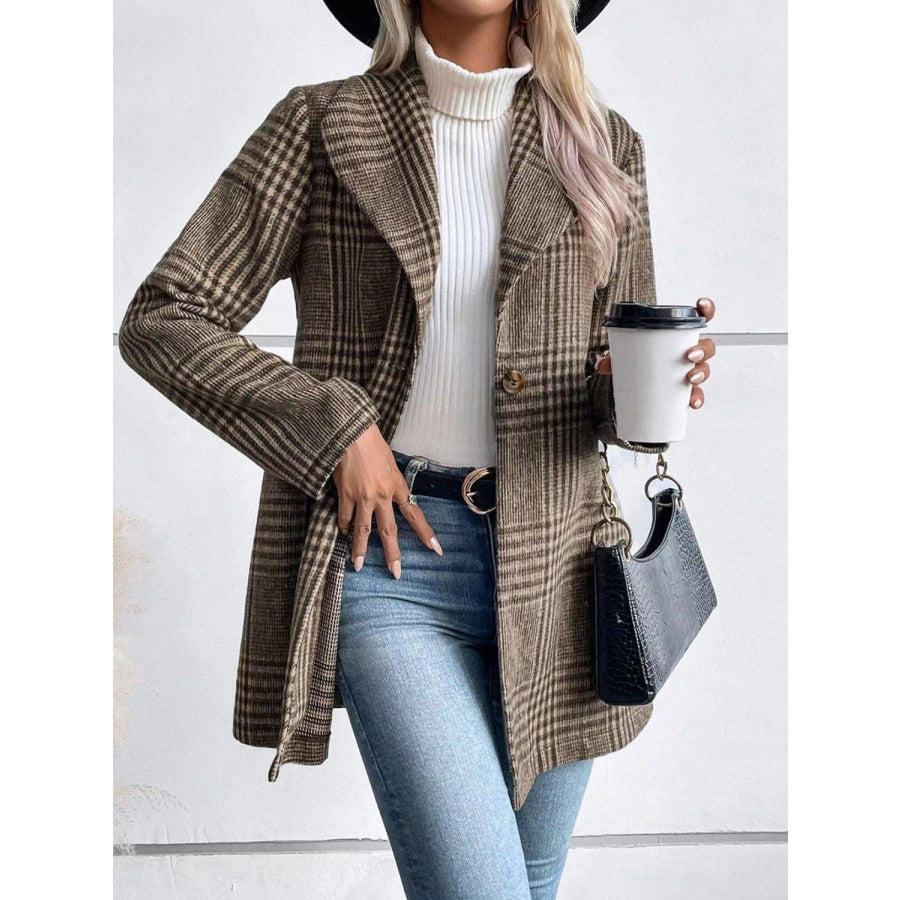 Plaid Collared Neck Long Sleeve Jacket Apparel and Accessories