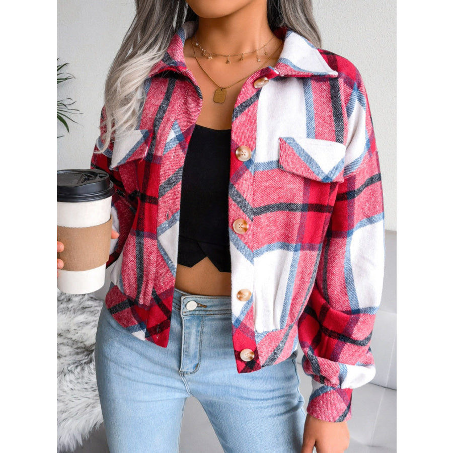 Plaid Collared Neck Long Sleeve Jacket Apparel and Accessories