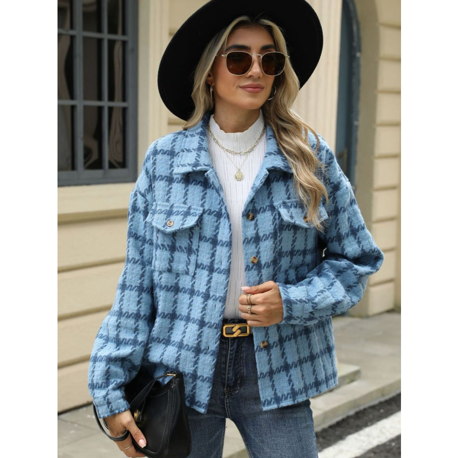 Plaid Collared Neck Long Sleeve Jacket Apparel and Accessories