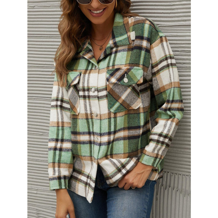 Plaid Collared Neck Long Sleeve Jacket Apparel and Accessories