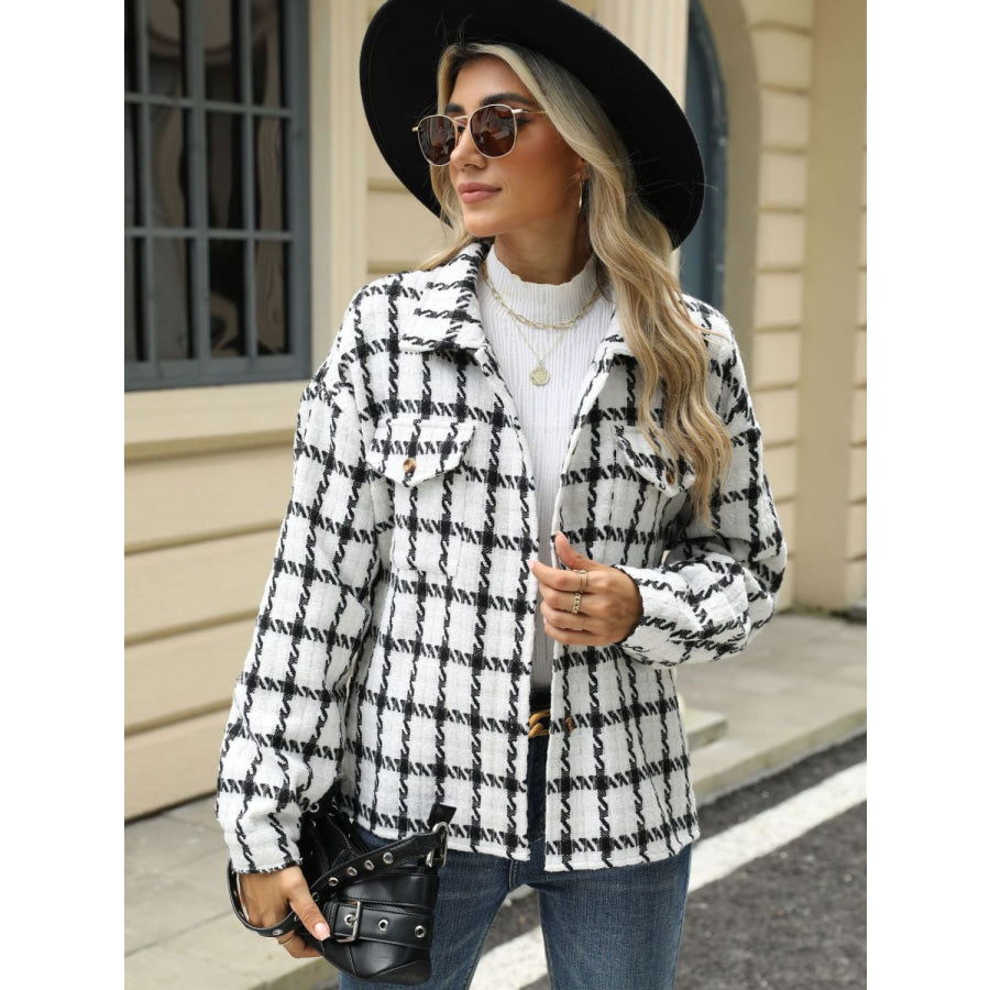 Plaid Collared Neck Long Sleeve Jacket Apparel and Accessories