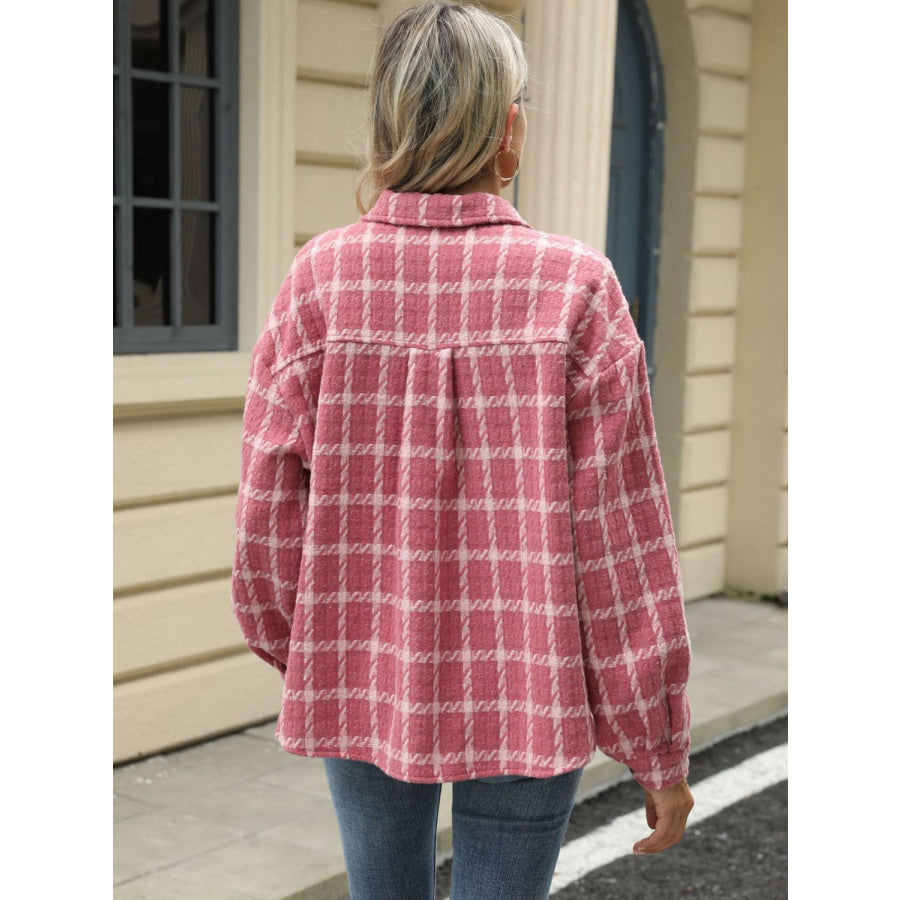 Plaid Collared Neck Long Sleeve Jacket Apparel and Accessories