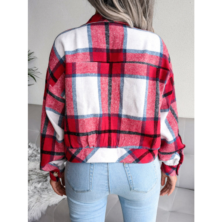 Plaid Collared Neck Long Sleeve Jacket Apparel and Accessories