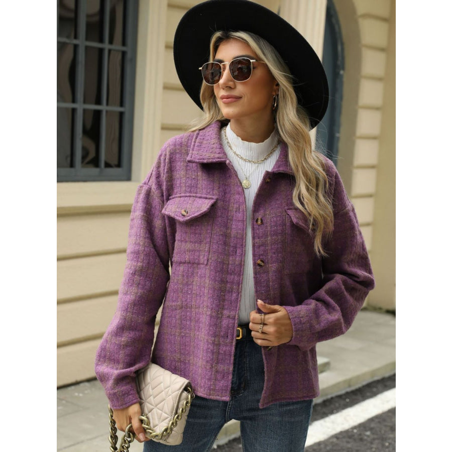 Plaid Collared Neck Long Sleeve Jacket Apparel and Accessories