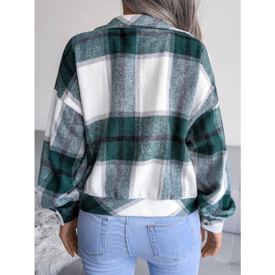 Plaid Collared Neck Long Sleeve Jacket Apparel and Accessories