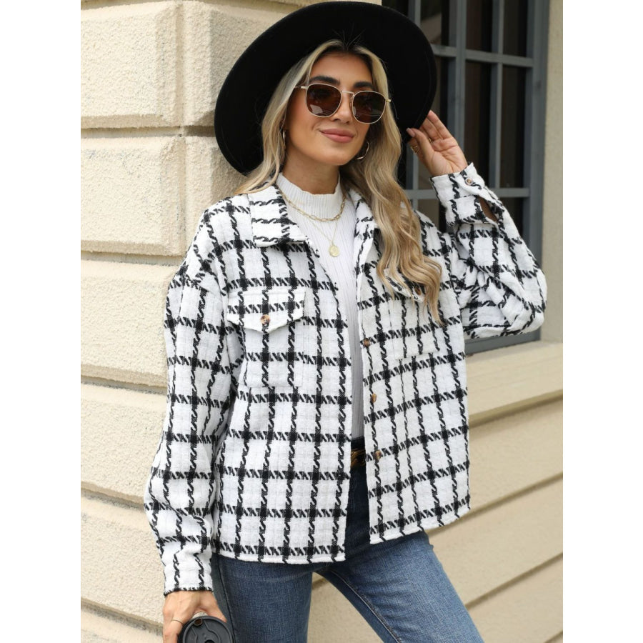 Plaid Collared Neck Long Sleeve Jacket Apparel and Accessories