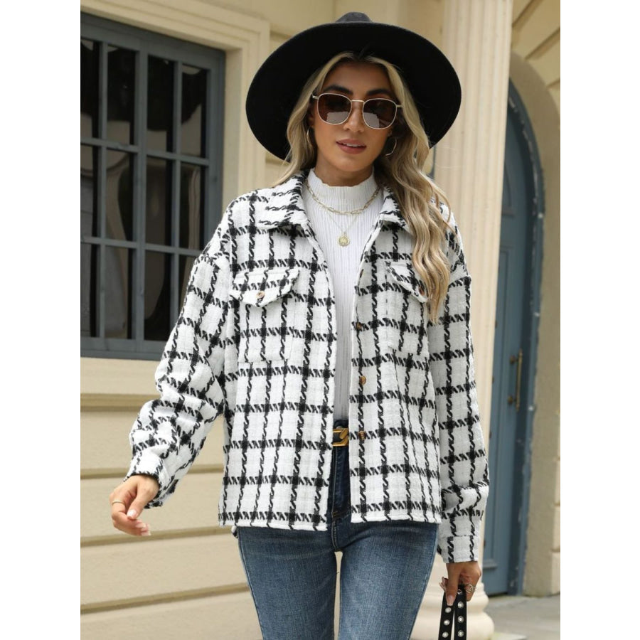 Plaid Collared Neck Long Sleeve Jacket Apparel and Accessories