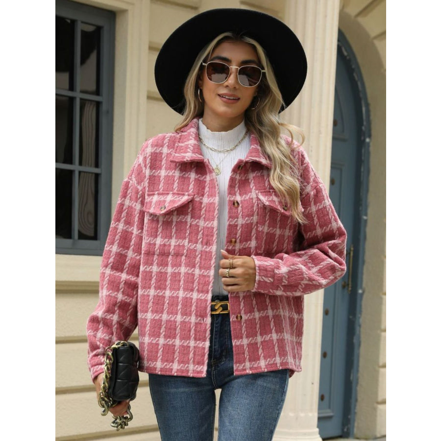 Plaid Collared Neck Long Sleeve Jacket Apparel and Accessories