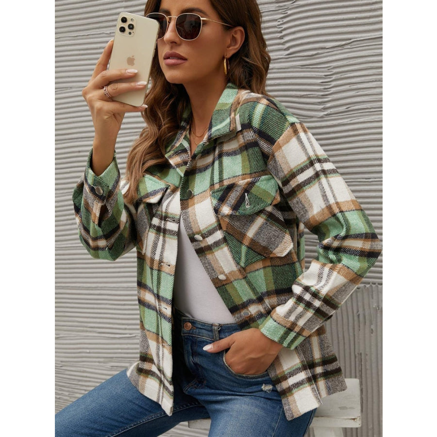 Plaid Collared Neck Long Sleeve Jacket Apparel and Accessories