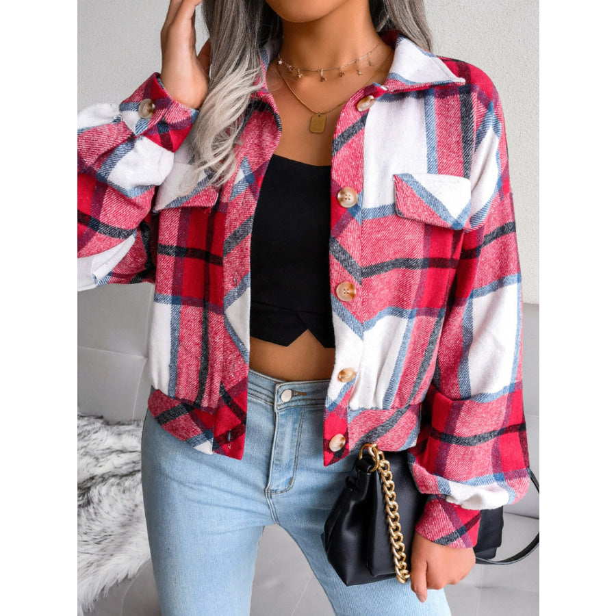 Plaid Collared Neck Long Sleeve Jacket Apparel and Accessories