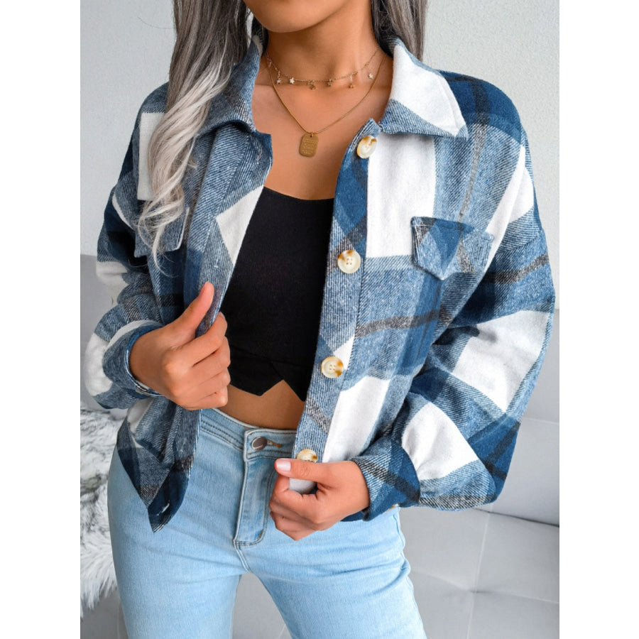 Plaid Collared Neck Long Sleeve Jacket Apparel and Accessories