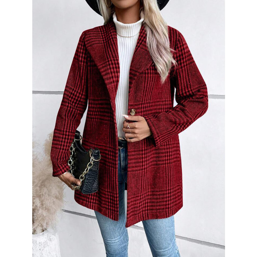 Plaid Collared Neck Long Sleeve Jacket Apparel and Accessories