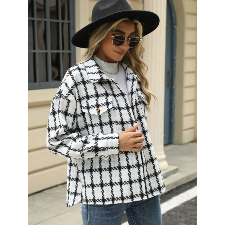 Plaid Collared Neck Long Sleeve Jacket Apparel and Accessories