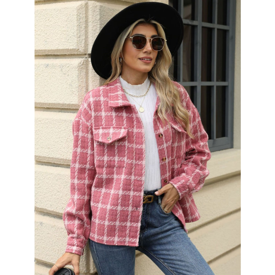 Plaid Collared Neck Long Sleeve Jacket Apparel and Accessories