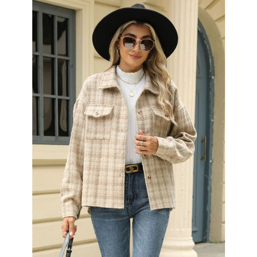 Plaid Collared Neck Long Sleeve Jacket Apparel and Accessories