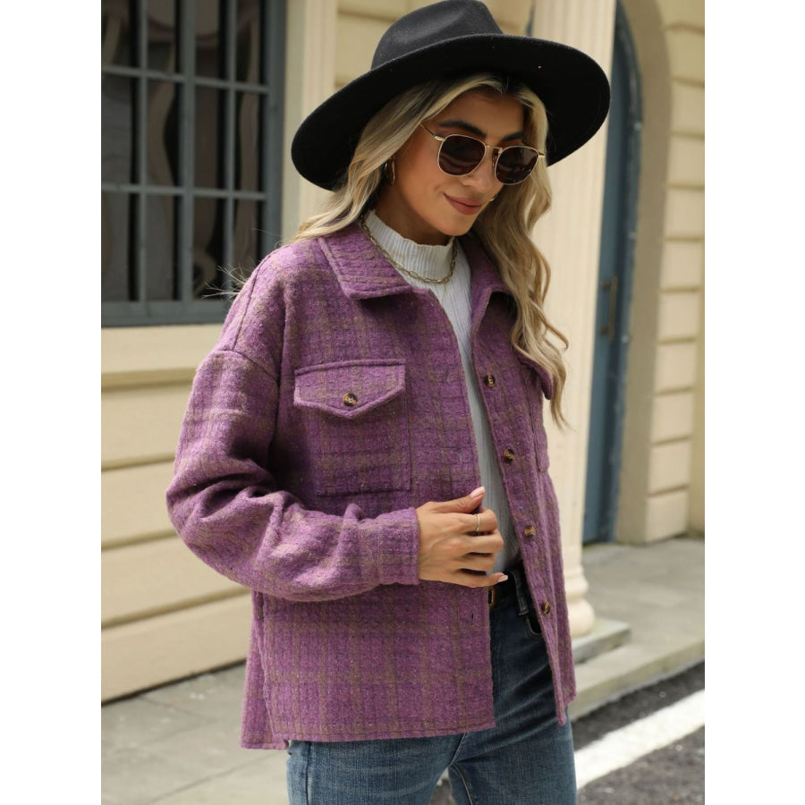 Plaid Collared Neck Long Sleeve Jacket Apparel and Accessories