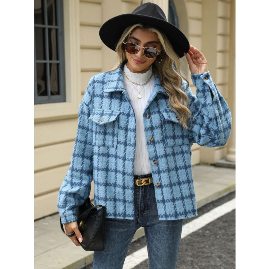 Plaid Collared Neck Long Sleeve Jacket Apparel and Accessories