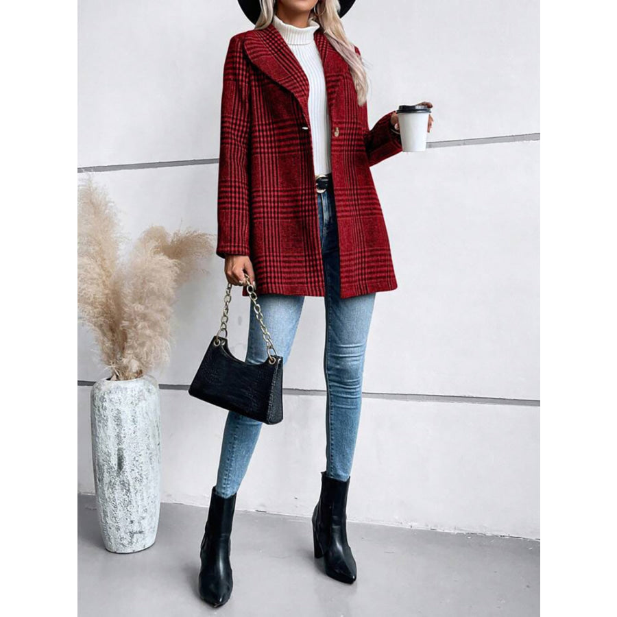 Plaid Collared Neck Long Sleeve Jacket Apparel and Accessories