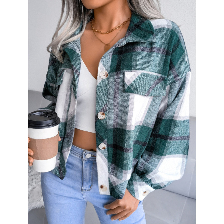 Plaid Collared Neck Long Sleeve Jacket Apparel and Accessories