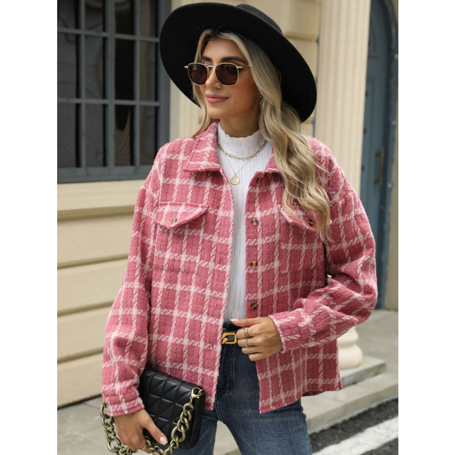 Plaid Collared Neck Long Sleeve Jacket Apparel and Accessories