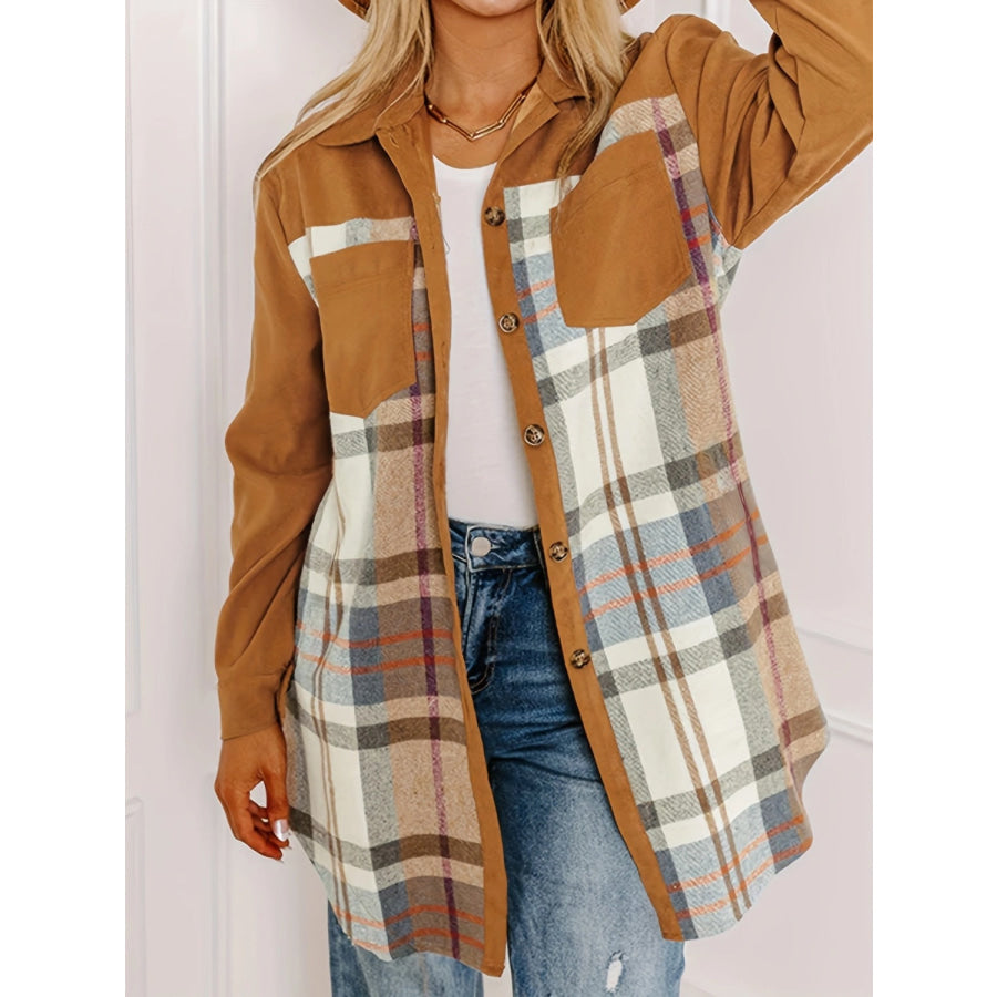 Plaid Collared Neck Long Sleeve Jacket Apparel and Accessories