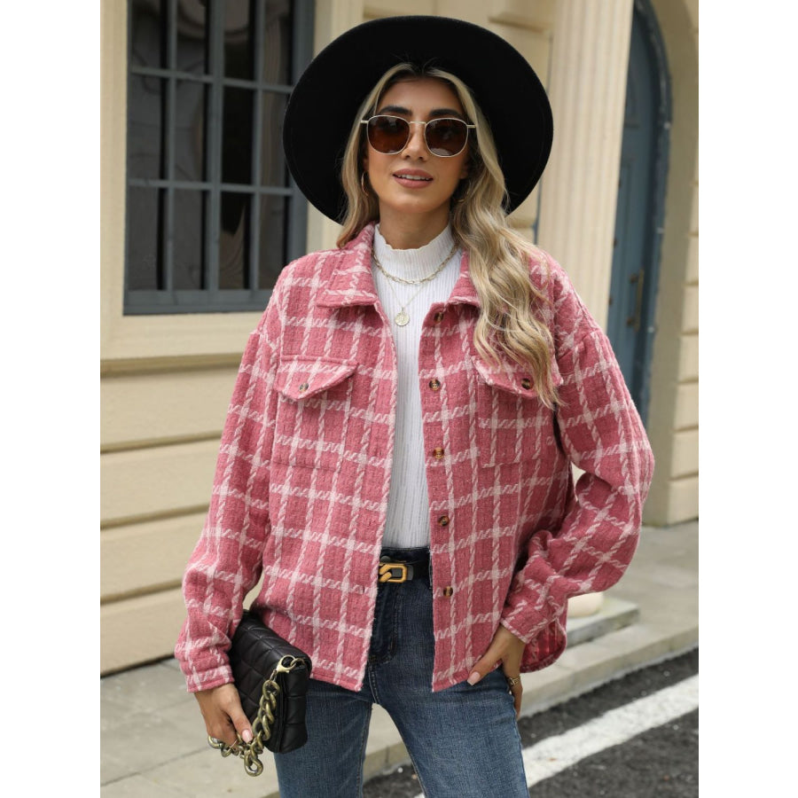 Plaid Collared Neck Long Sleeve Jacket Apparel and Accessories