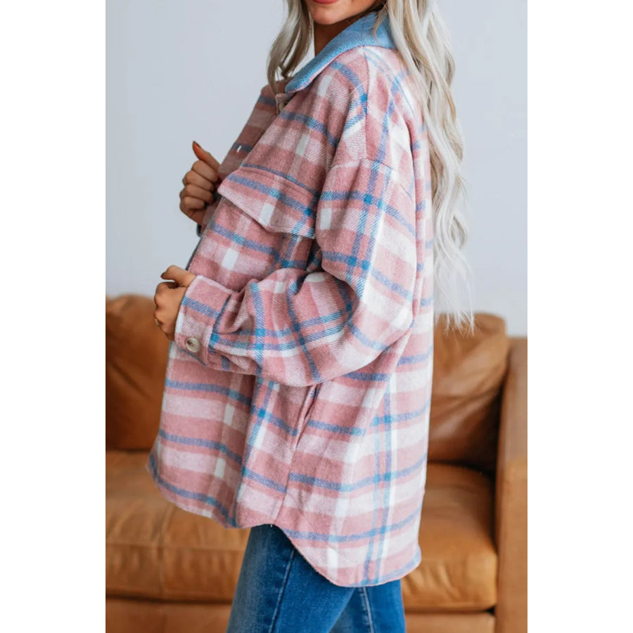 Plaid Collared Neck Long Sleeve Jacket Dusty Pink / S Apparel and Accessories