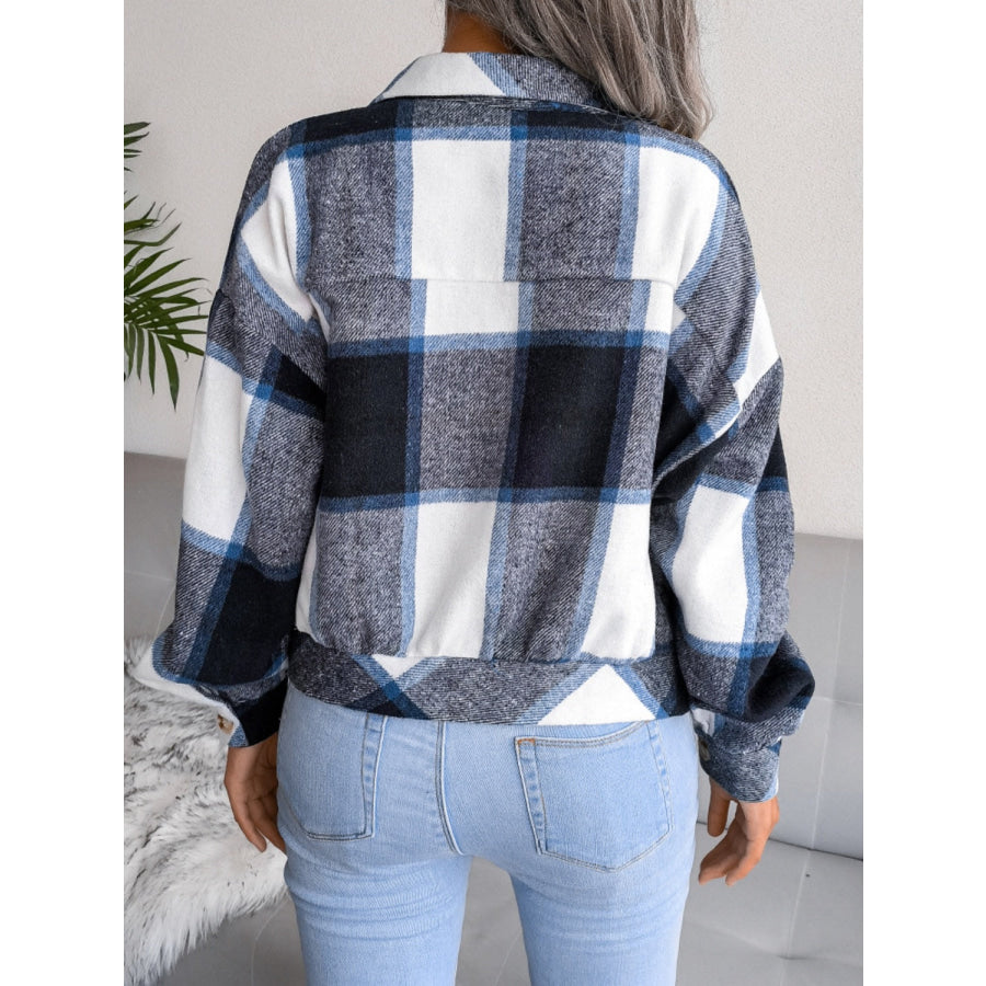 Plaid Collared Neck Long Sleeve Jacket Apparel and Accessories