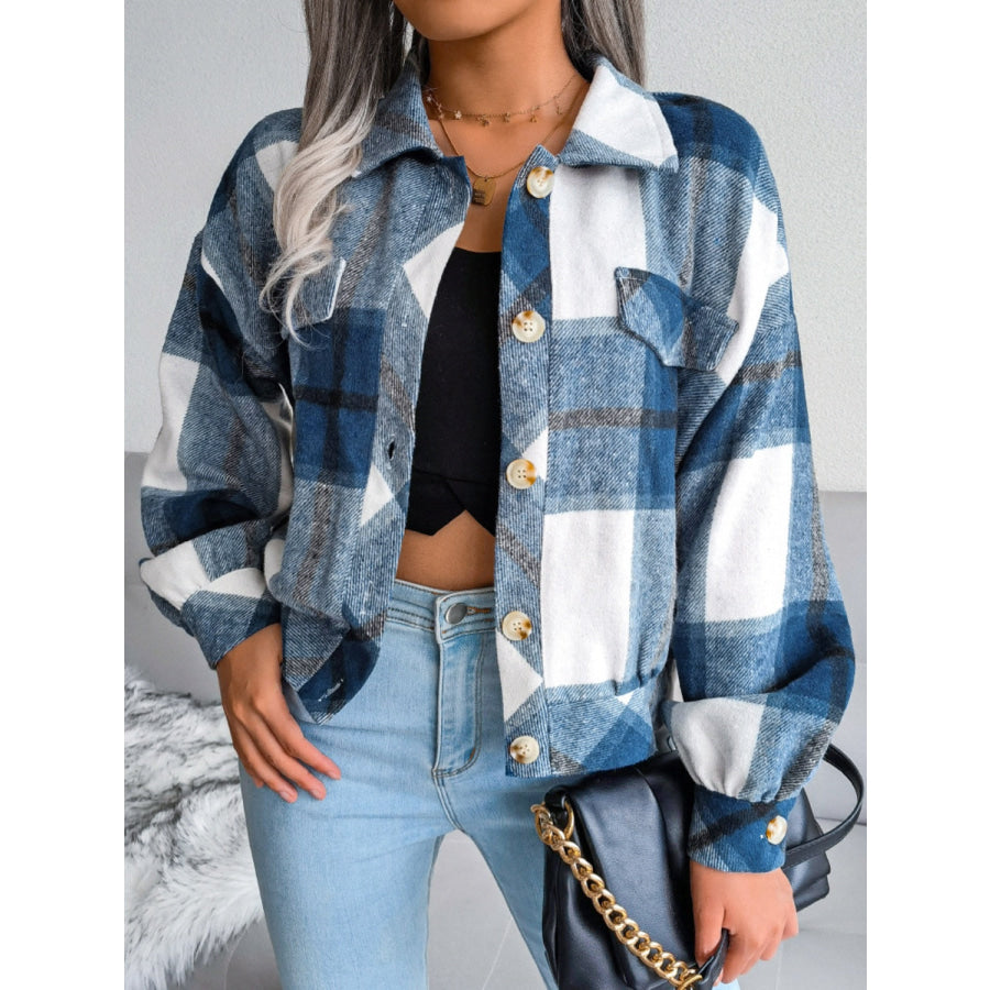 Plaid Collared Neck Long Sleeve Jacket Apparel and Accessories