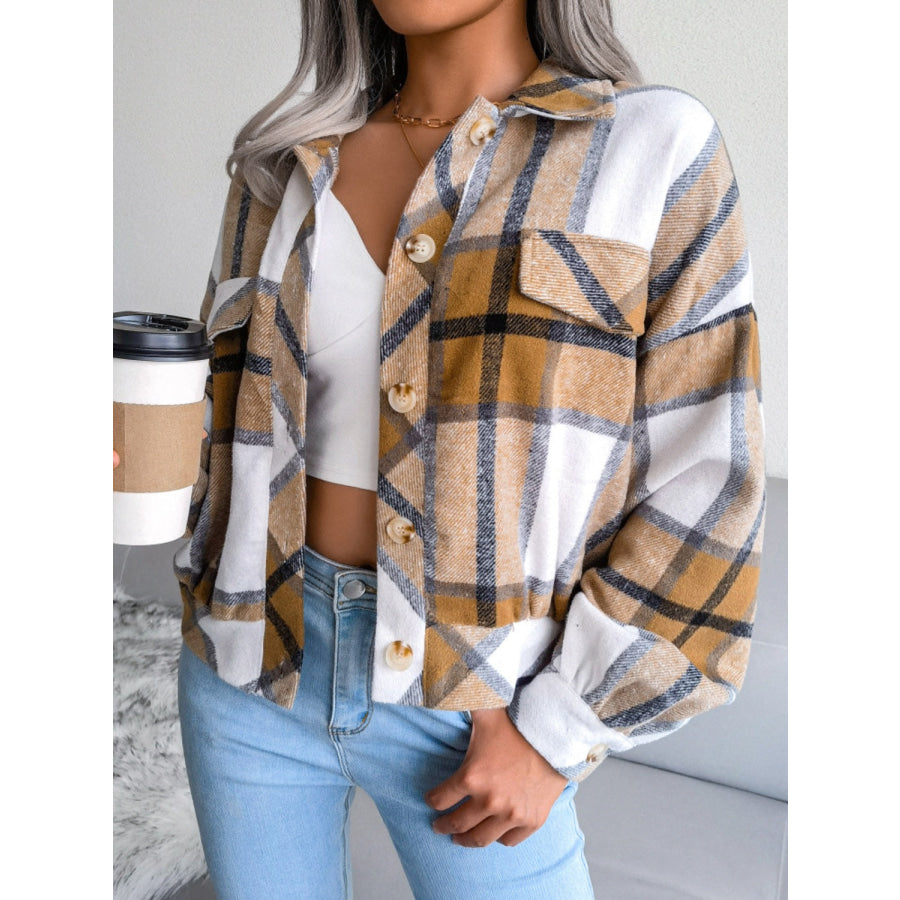 Plaid Collared Neck Long Sleeve Jacket Apparel and Accessories