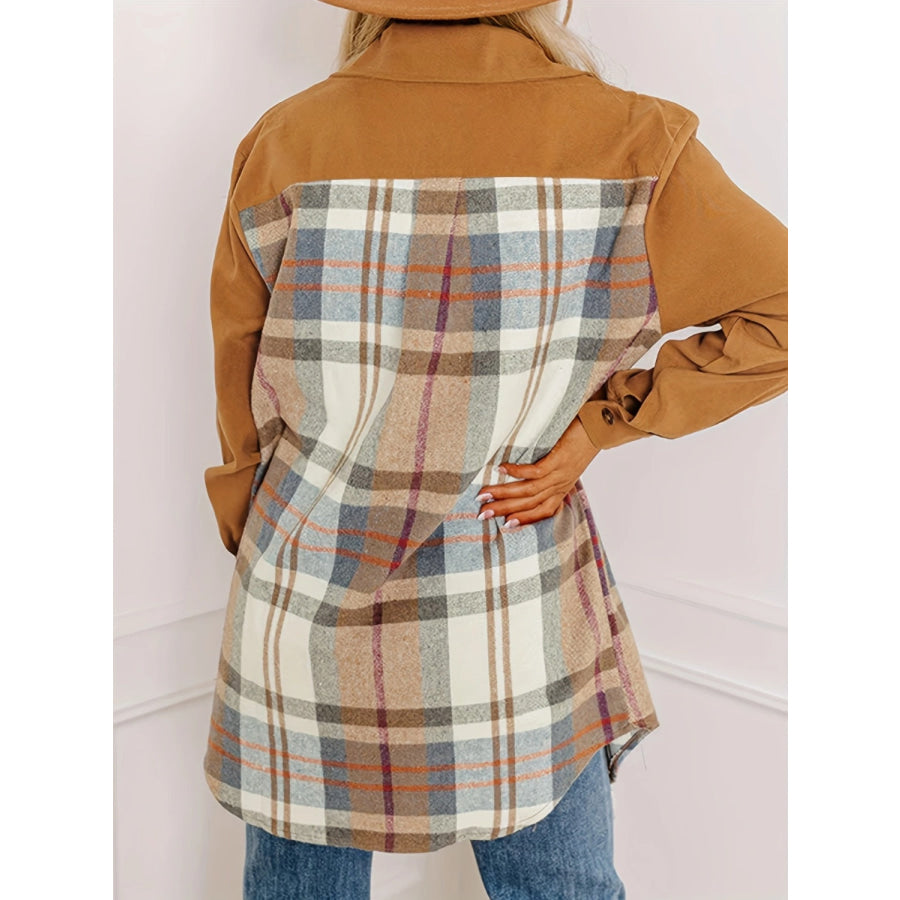 Plaid Collared Neck Long Sleeve Jacket Caramel / S Apparel and Accessories