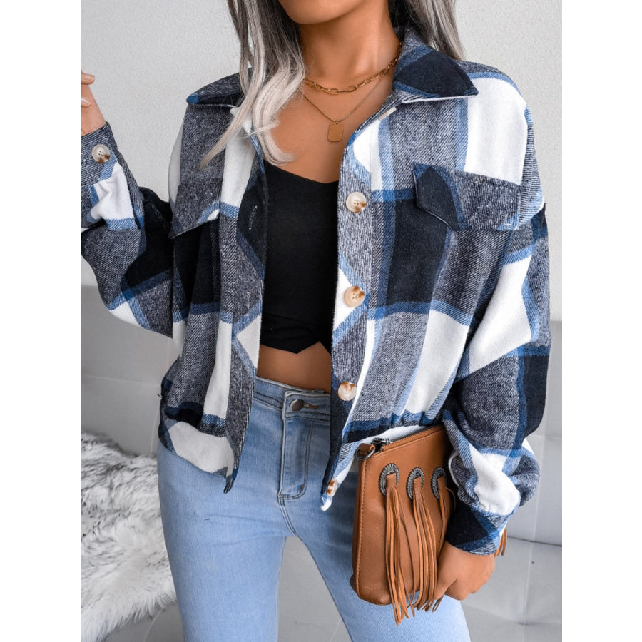 Plaid Collared Neck Long Sleeve Jacket Apparel and Accessories