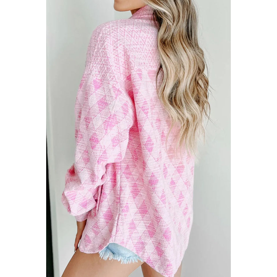 Plaid Collared Neck Long Sleeve Jacket Blush Pink / S Apparel and Accessories