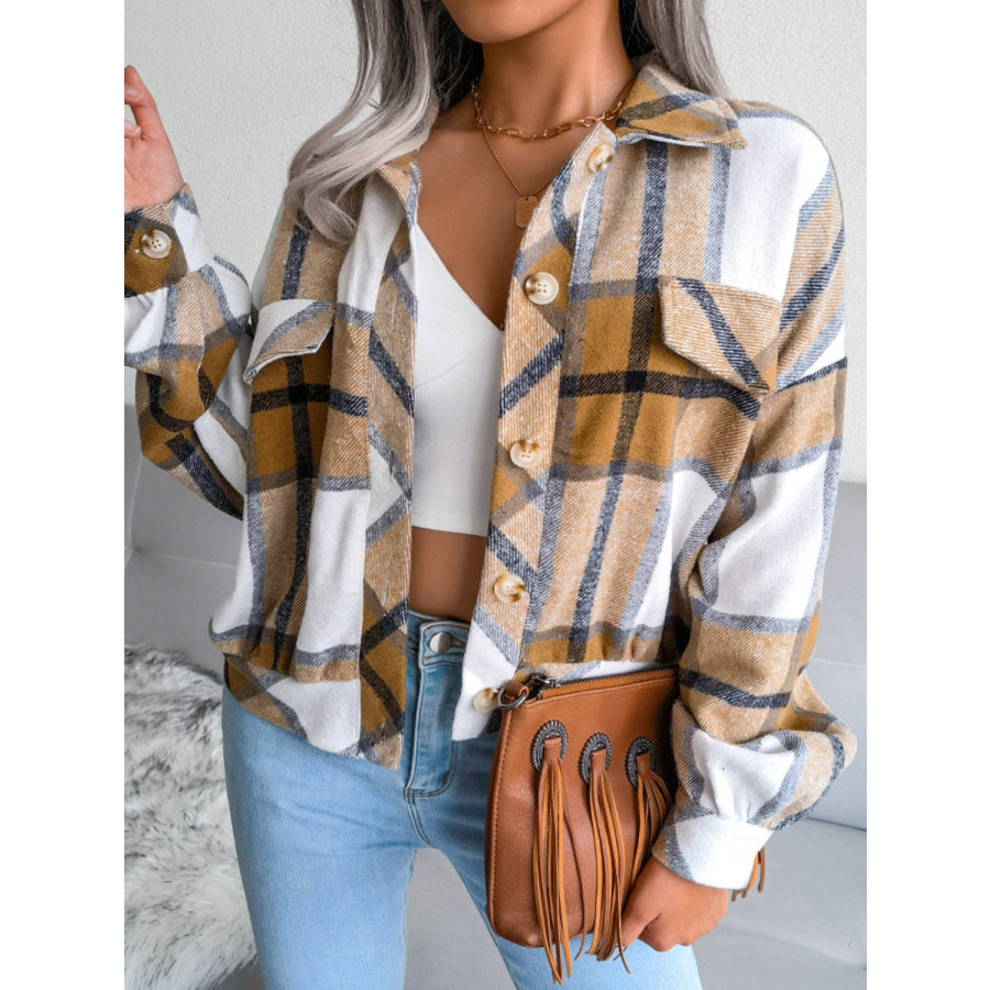 Plaid Collared Neck Long Sleeve Jacket Apparel and Accessories