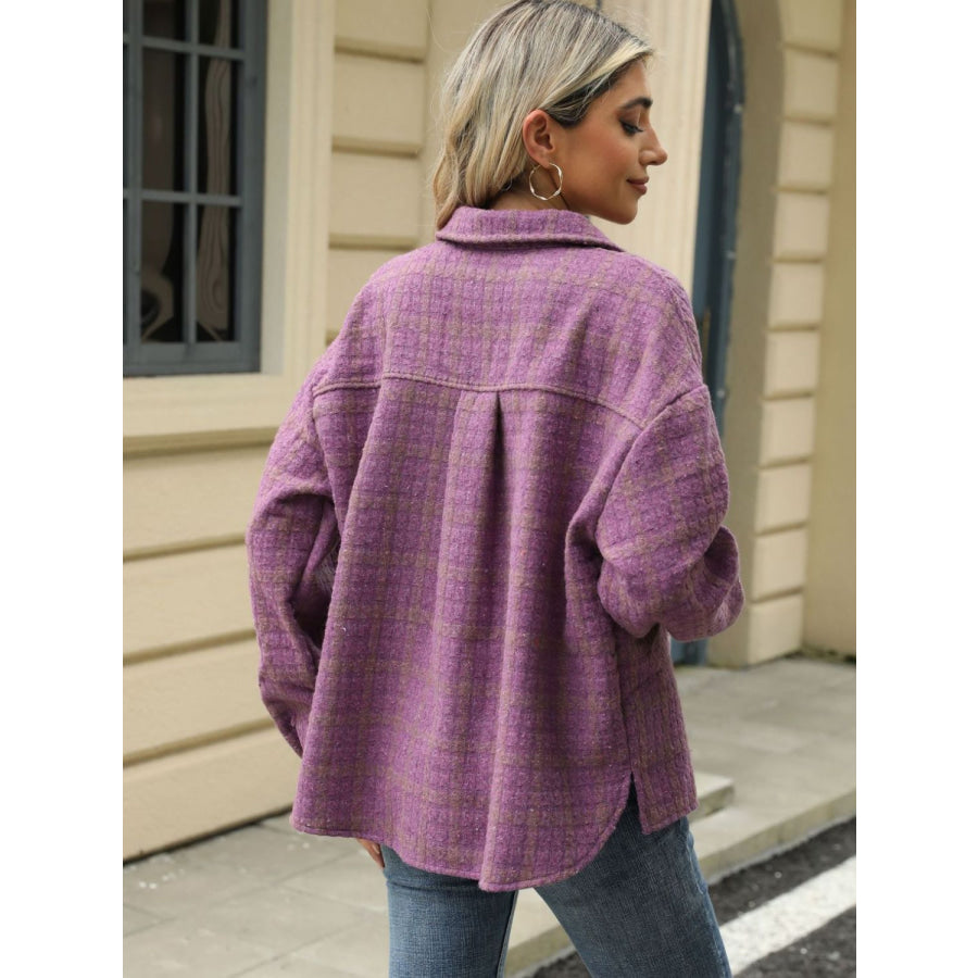 Plaid Collared Neck Long Sleeve Jacket Apparel and Accessories