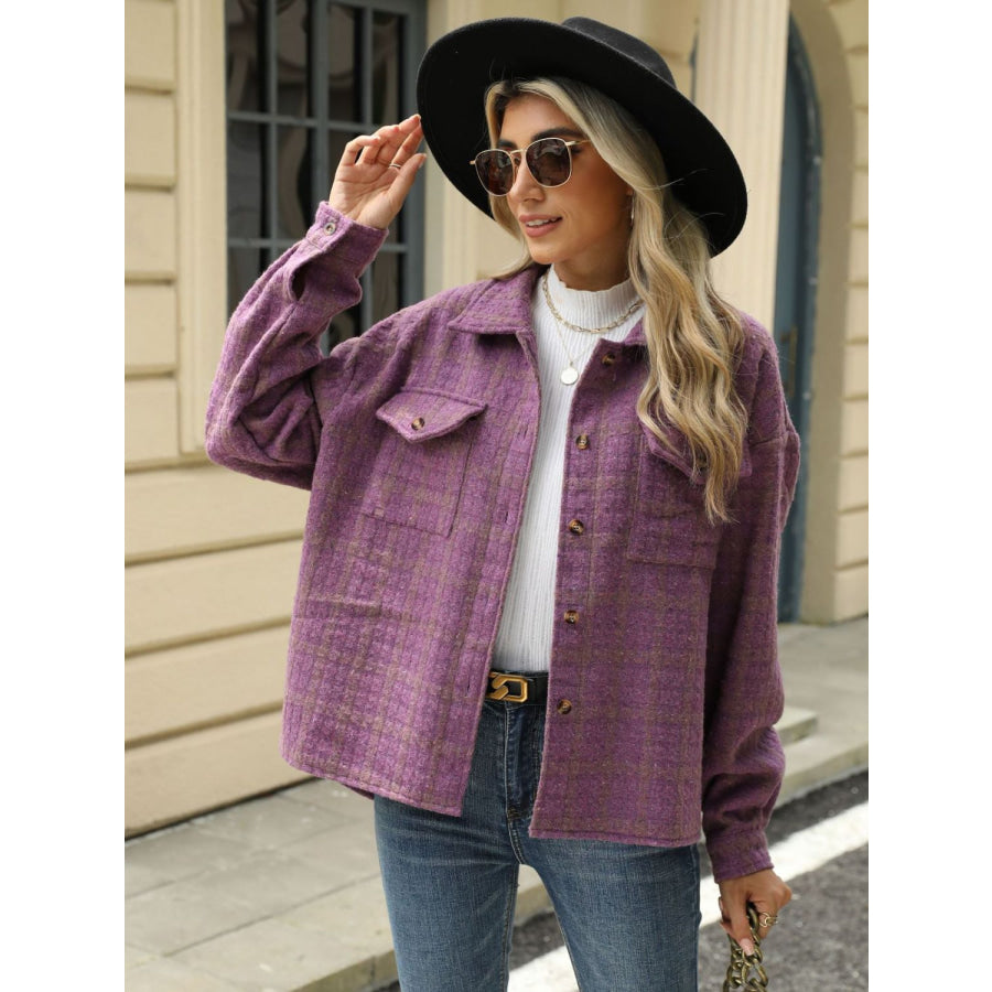 Plaid Collared Neck Long Sleeve Jacket Apparel and Accessories