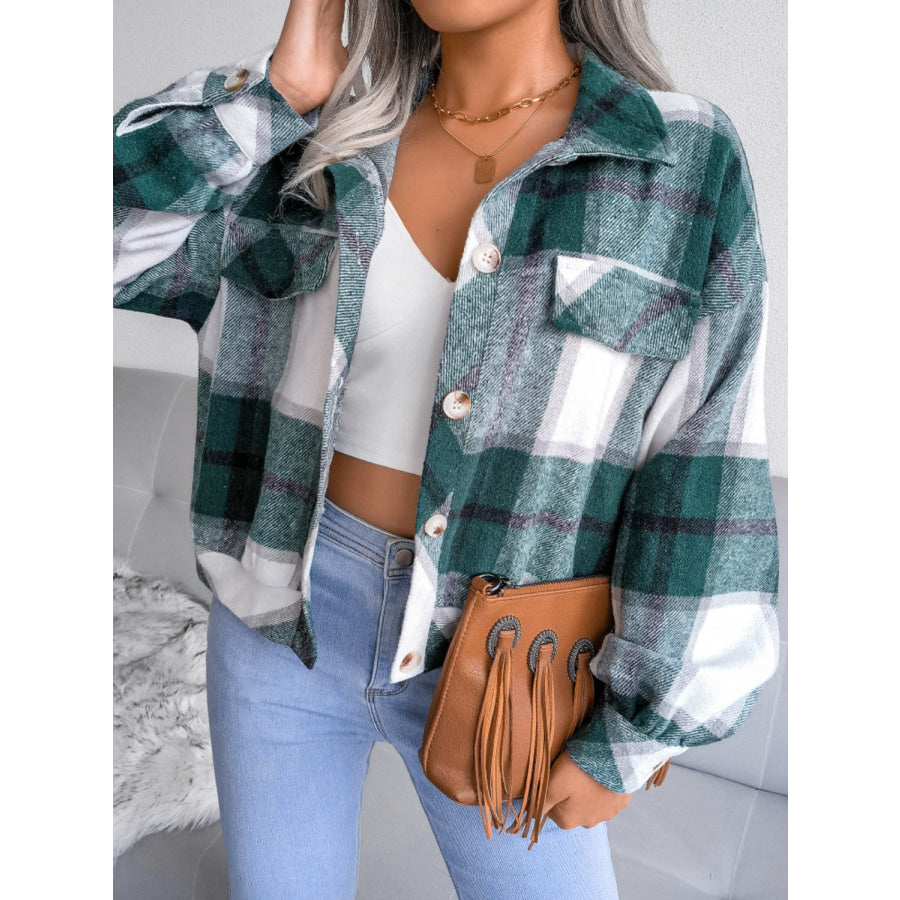 Plaid Collared Neck Long Sleeve Jacket Apparel and Accessories