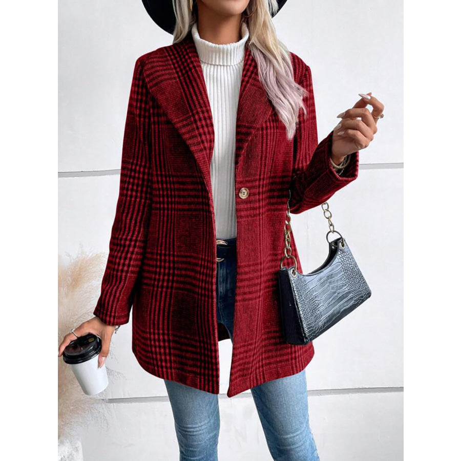 Plaid Collared Neck Long Sleeve Jacket Apparel and Accessories