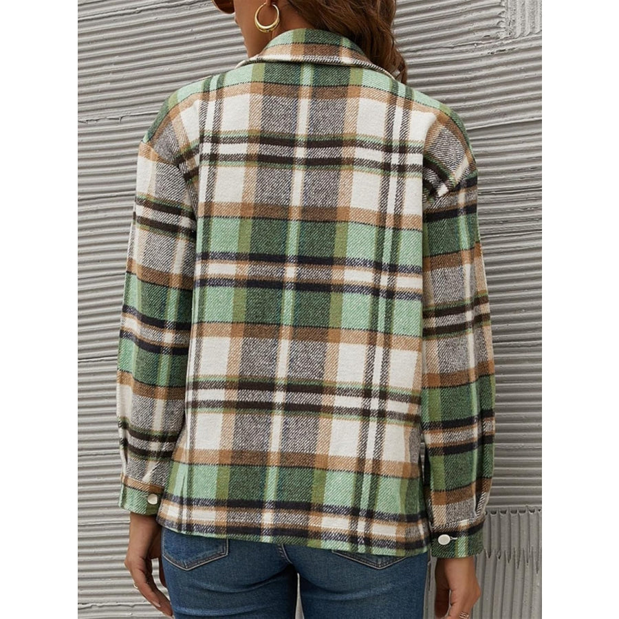 Plaid Collared Neck Long Sleeve Jacket Apparel and Accessories