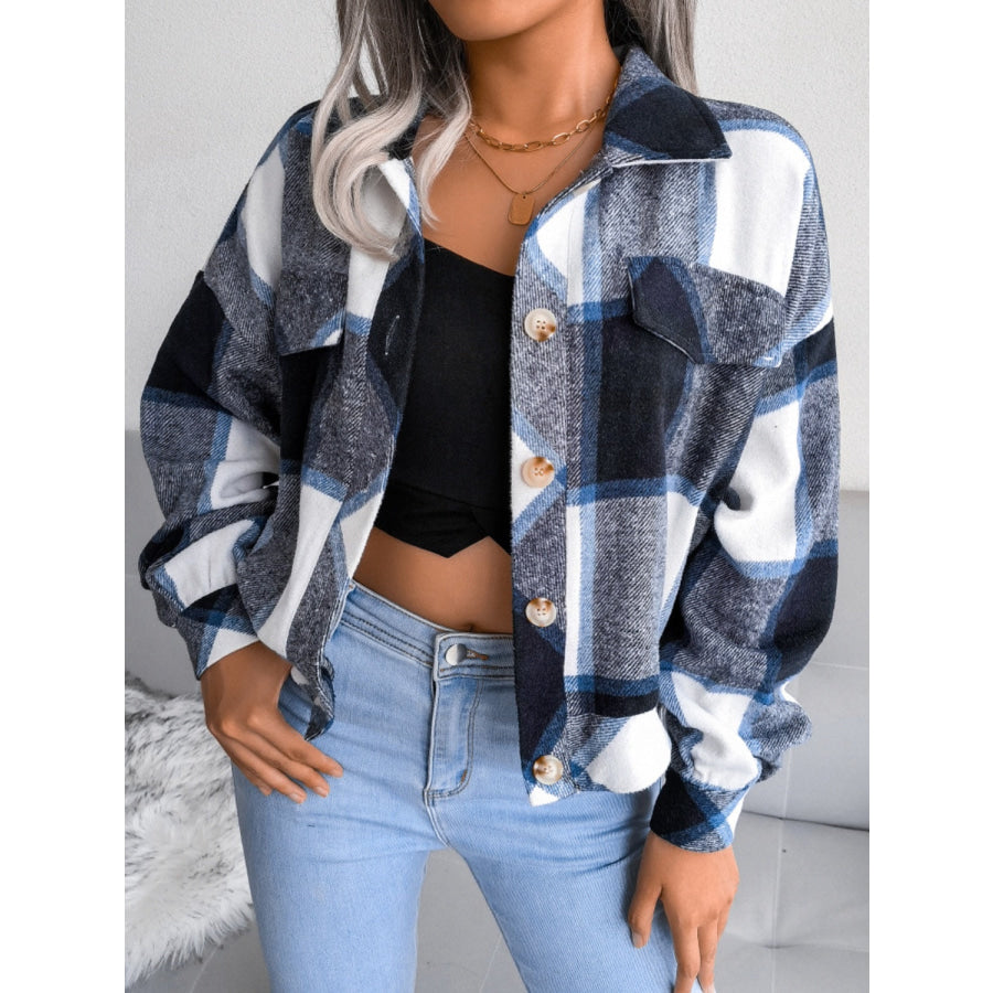 Plaid Collared Neck Long Sleeve Jacket Apparel and Accessories