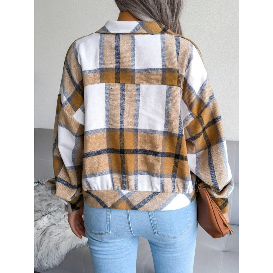 Plaid Collared Neck Long Sleeve Jacket Apparel and Accessories