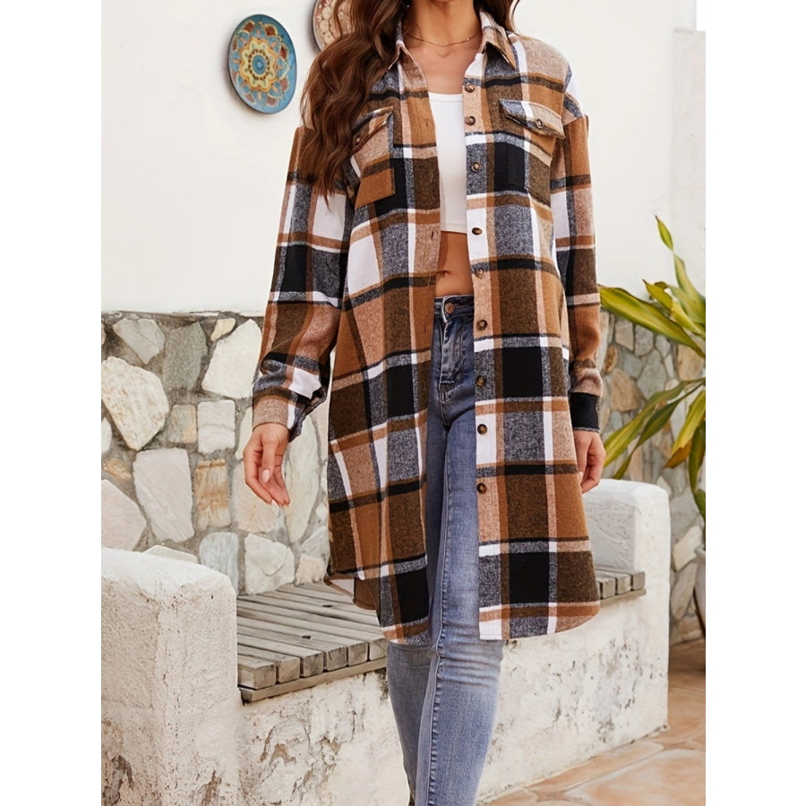 Plaid Collared Neck Long Sleeve Jacket Apparel and Accessories