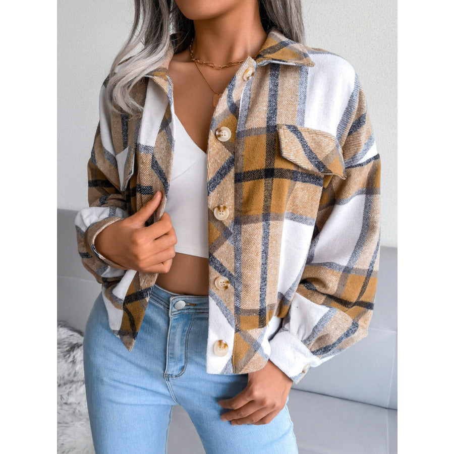 Plaid Collared Neck Long Sleeve Jacket Camel / S Apparel and Accessories