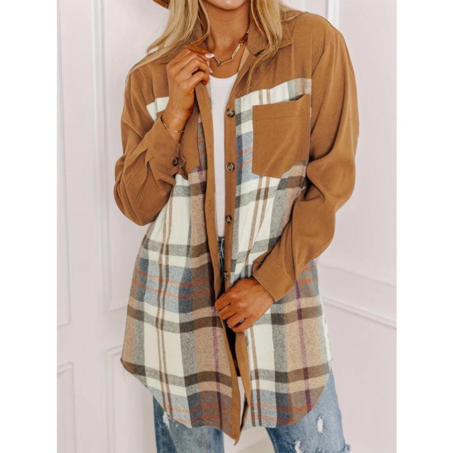 Plaid Collared Neck Long Sleeve Jacket Caramel / S Apparel and Accessories