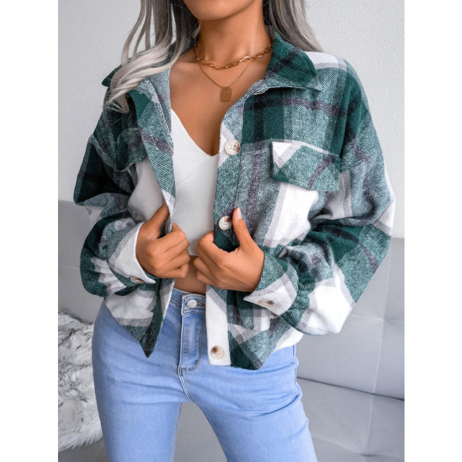 Plaid Collared Neck Long Sleeve Jacket Dark Green / S Apparel and Accessories