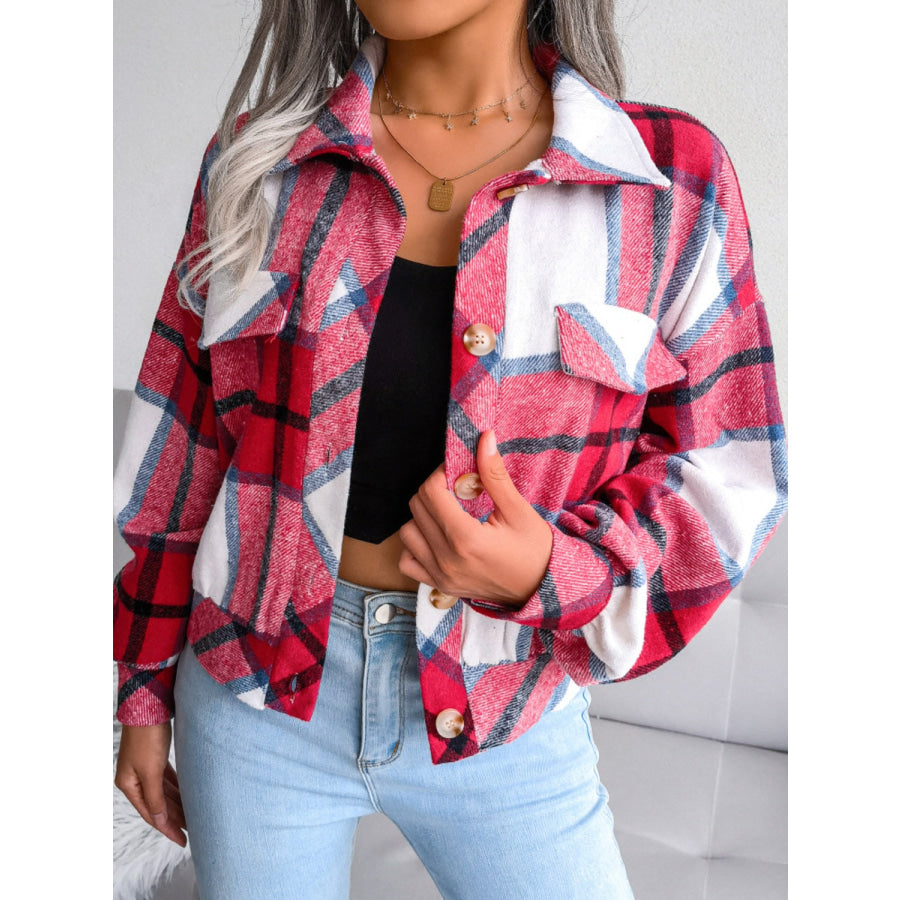 Plaid Collared Neck Long Sleeve Jacket Deep Rose / S Apparel and Accessories