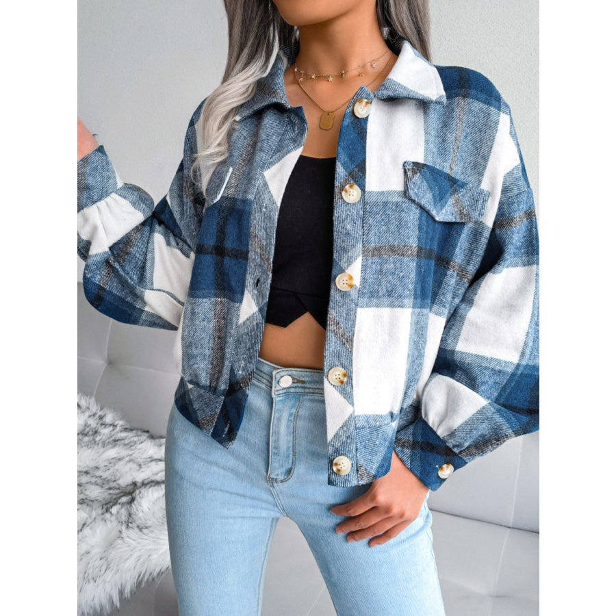 Plaid Collared Neck Long Sleeve Jacket Dusty Blue / S Apparel and Accessories