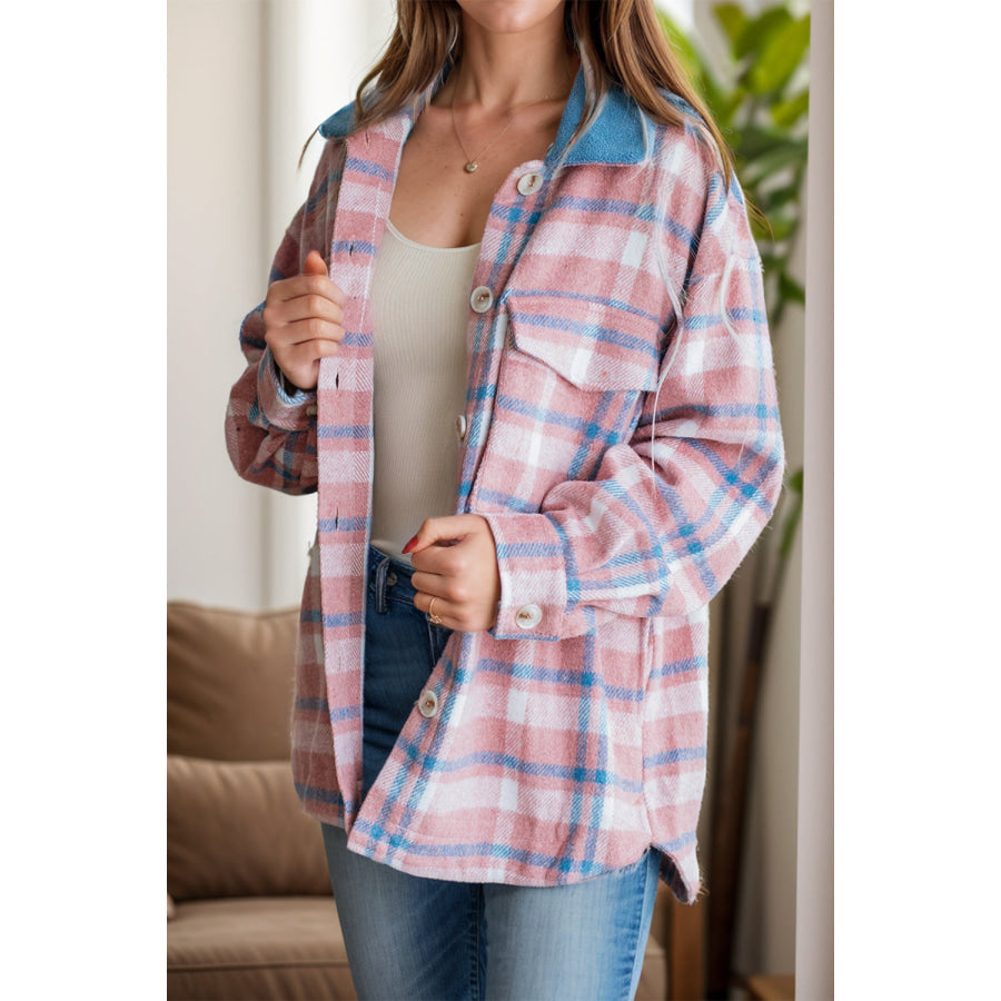 Plaid Collared Neck Long Sleeve Jacket Dusty Pink / S Apparel and Accessories