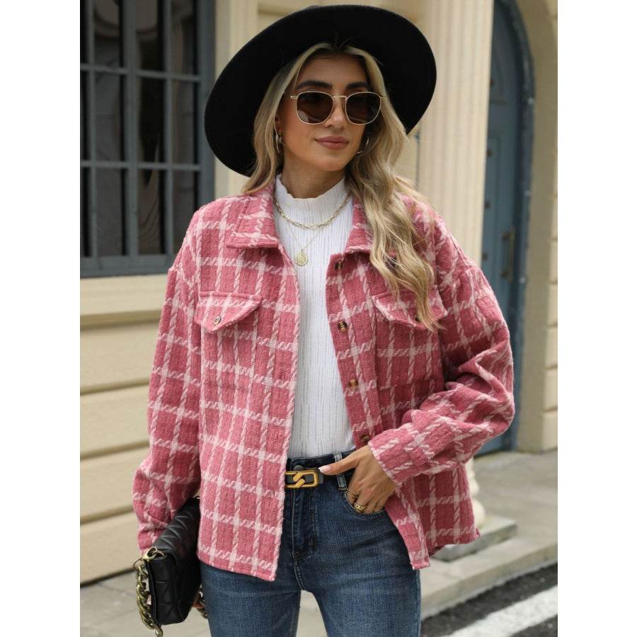 Plaid Collared Neck Long Sleeve Jacket Dusty Pink / S Apparel and Accessories